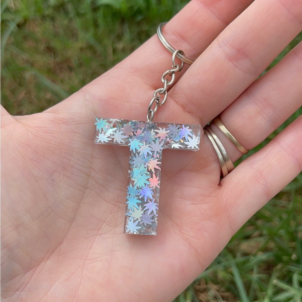 Holographic 420 Initial Keychain T Handmade With Resin